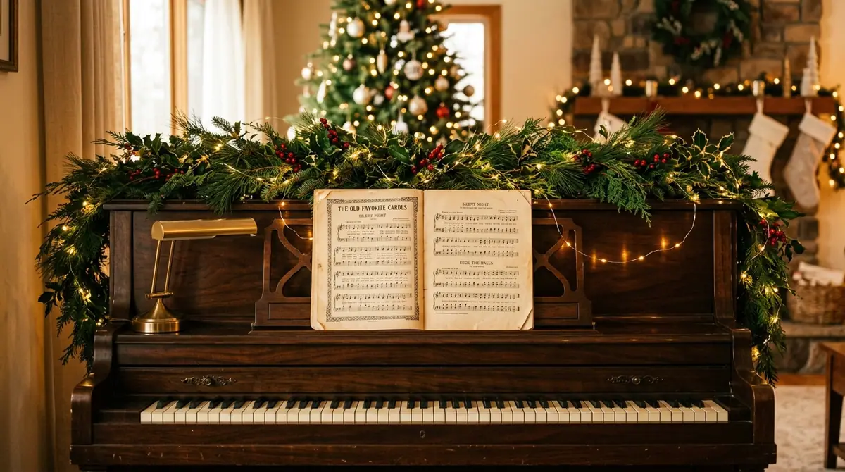 Decorated piano with sheet music