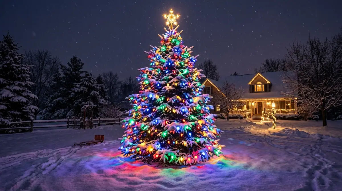 Decorated pine tree in snow
