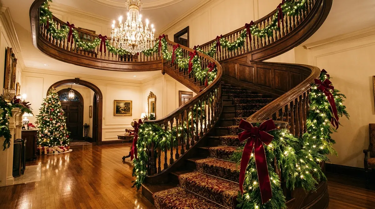 Decorated wooden staircase with
