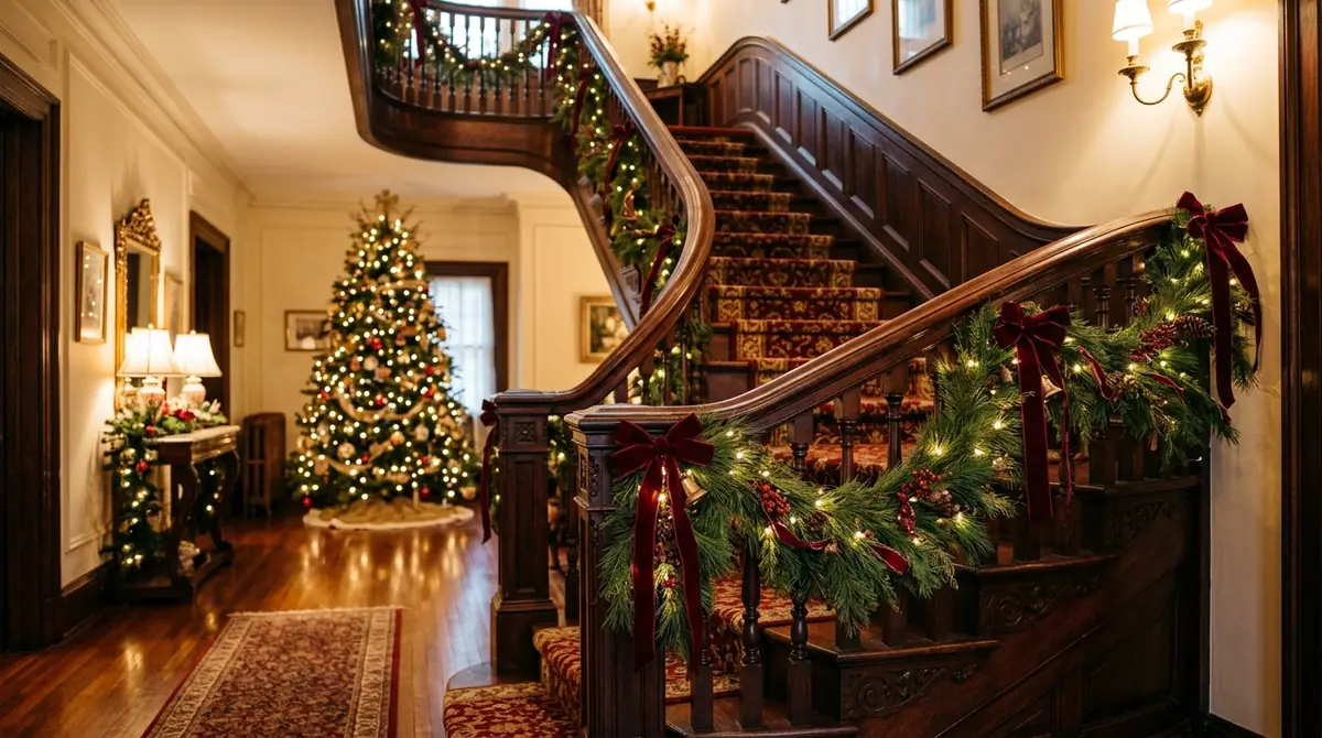 Decorated wooden staircase with