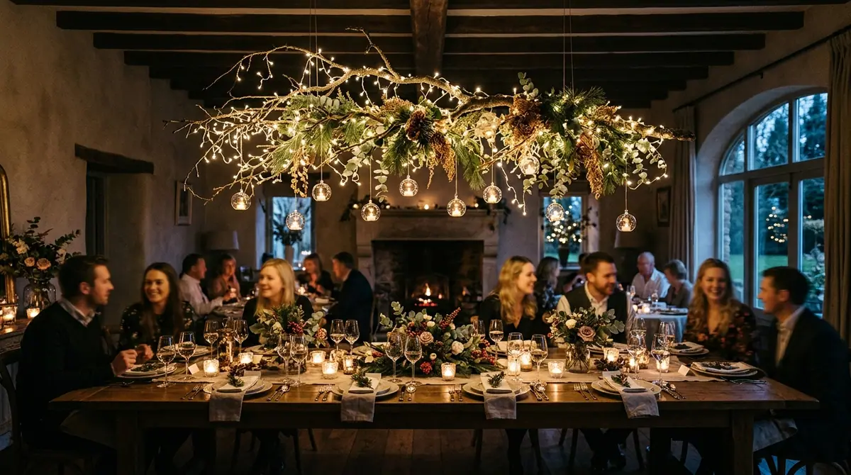 Fairy lights hanging over table