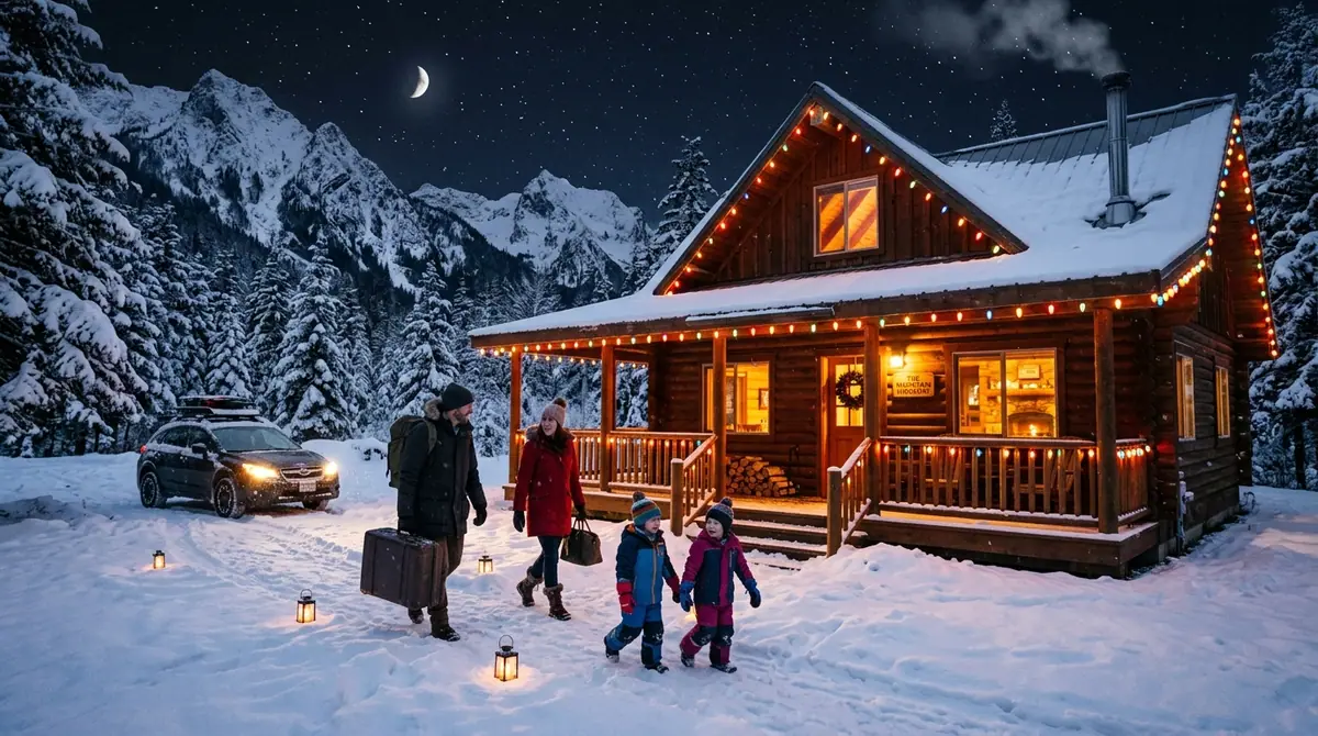 Family arriving at log cabin