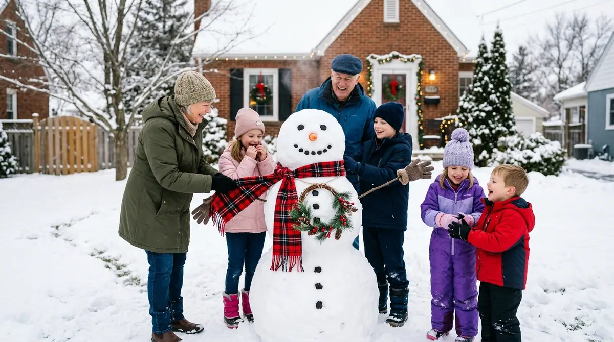 Family building a classic snowman