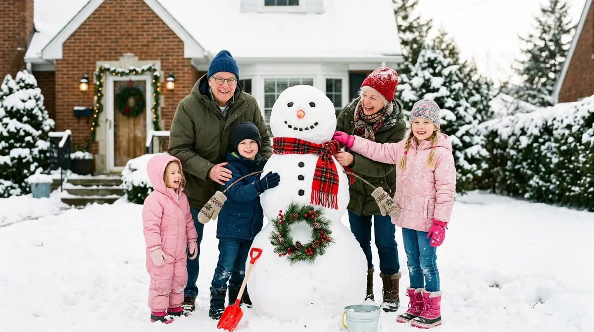 Family building snowman together
