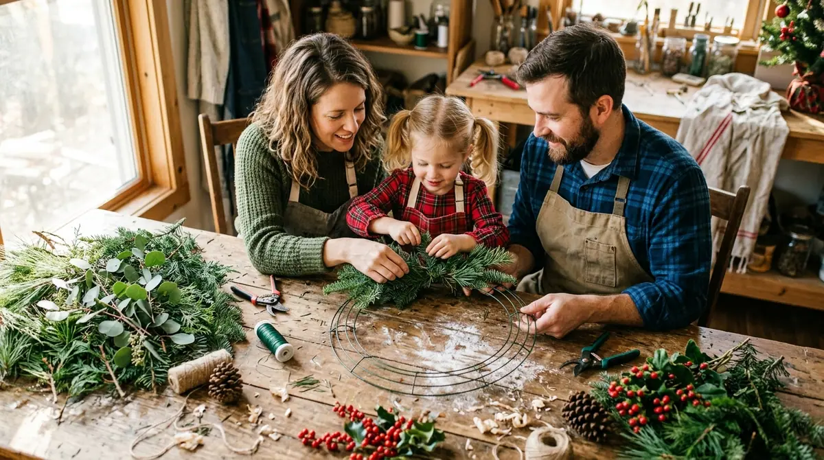 Family crafting christmas wreath