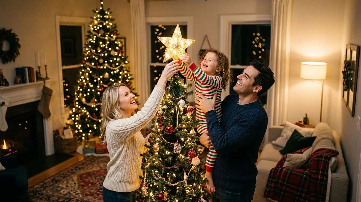 Family decorating christmas tree
