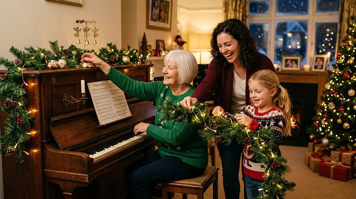 Family decorating piano with gar