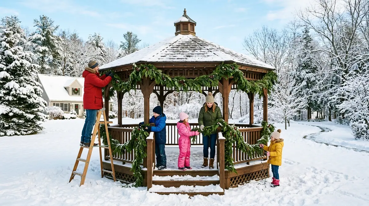 Family decorating wooden gazebo