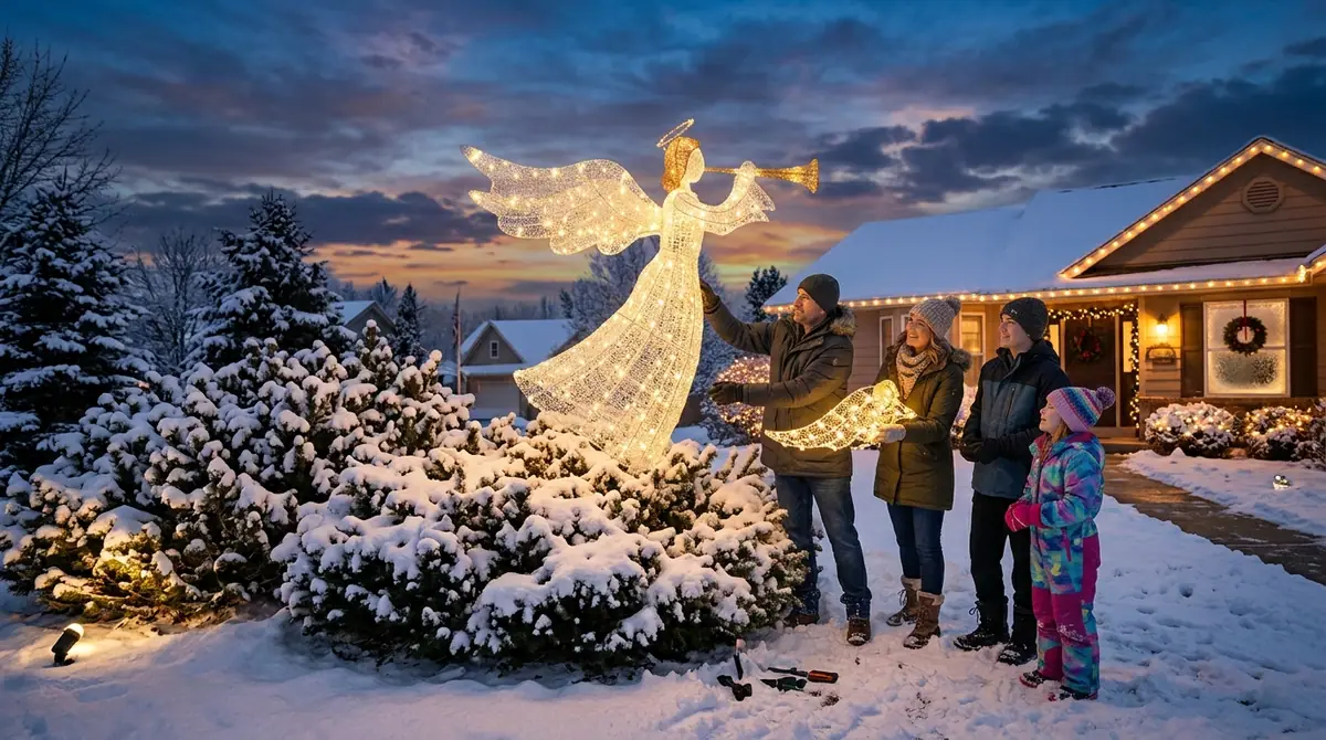 Family erecting angel lawn fixture
