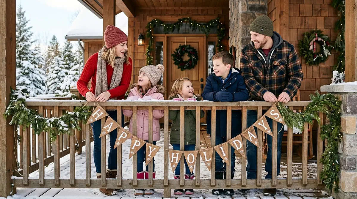 Family hanging holiday banner
