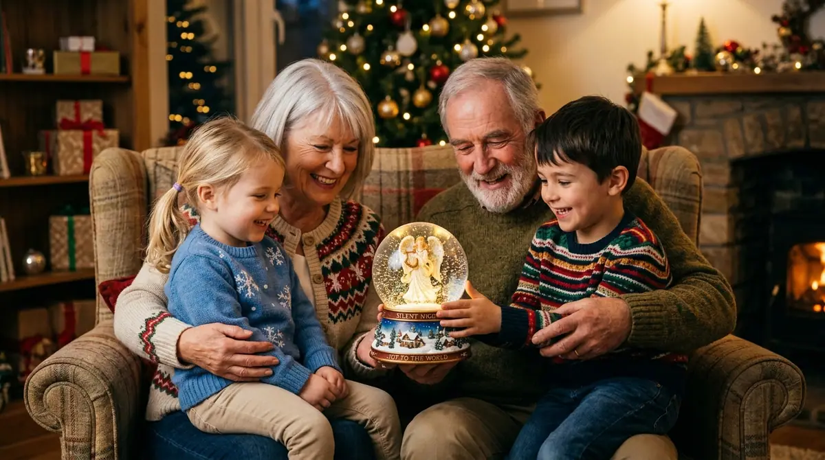 Family holding snow globe