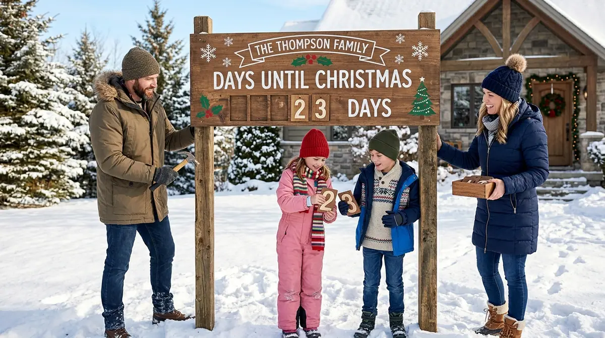 Family installing christmas coun