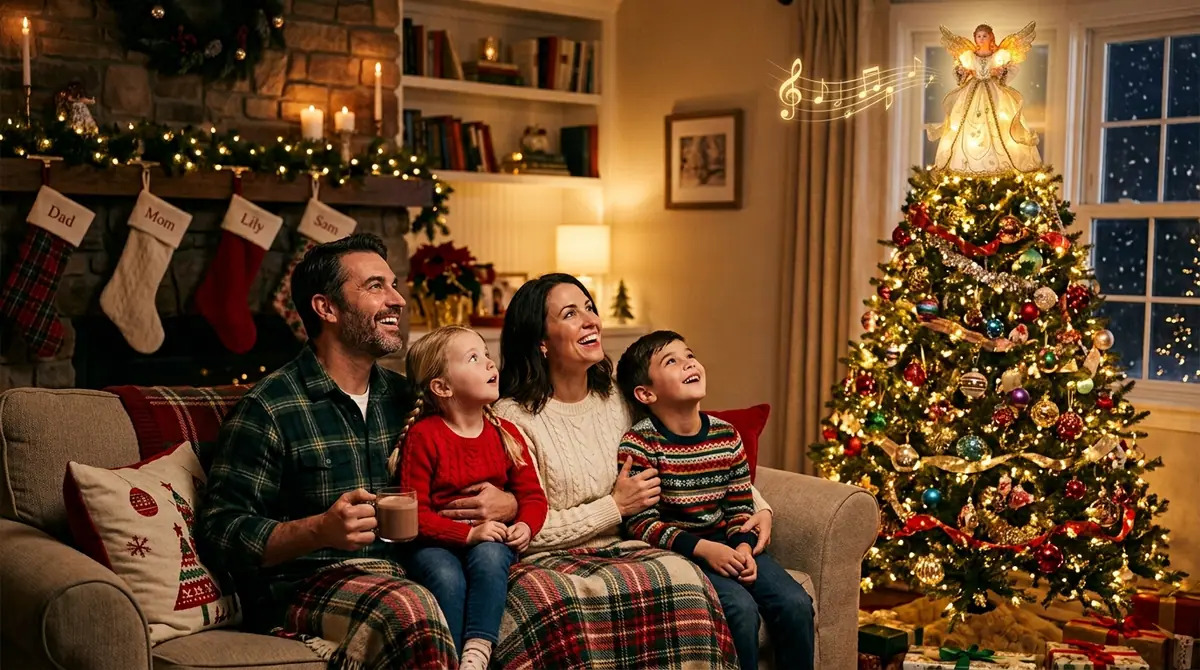 Family looking at christmas tree