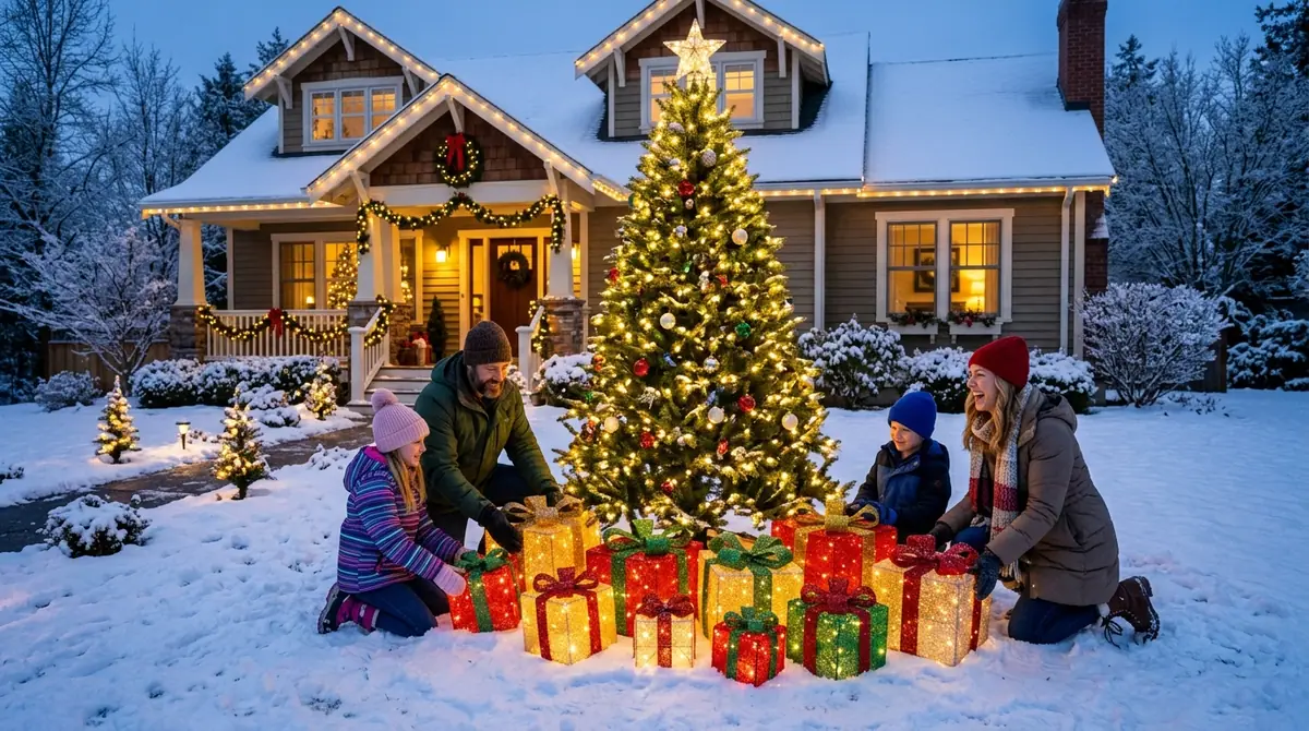 Family placing present boxes out