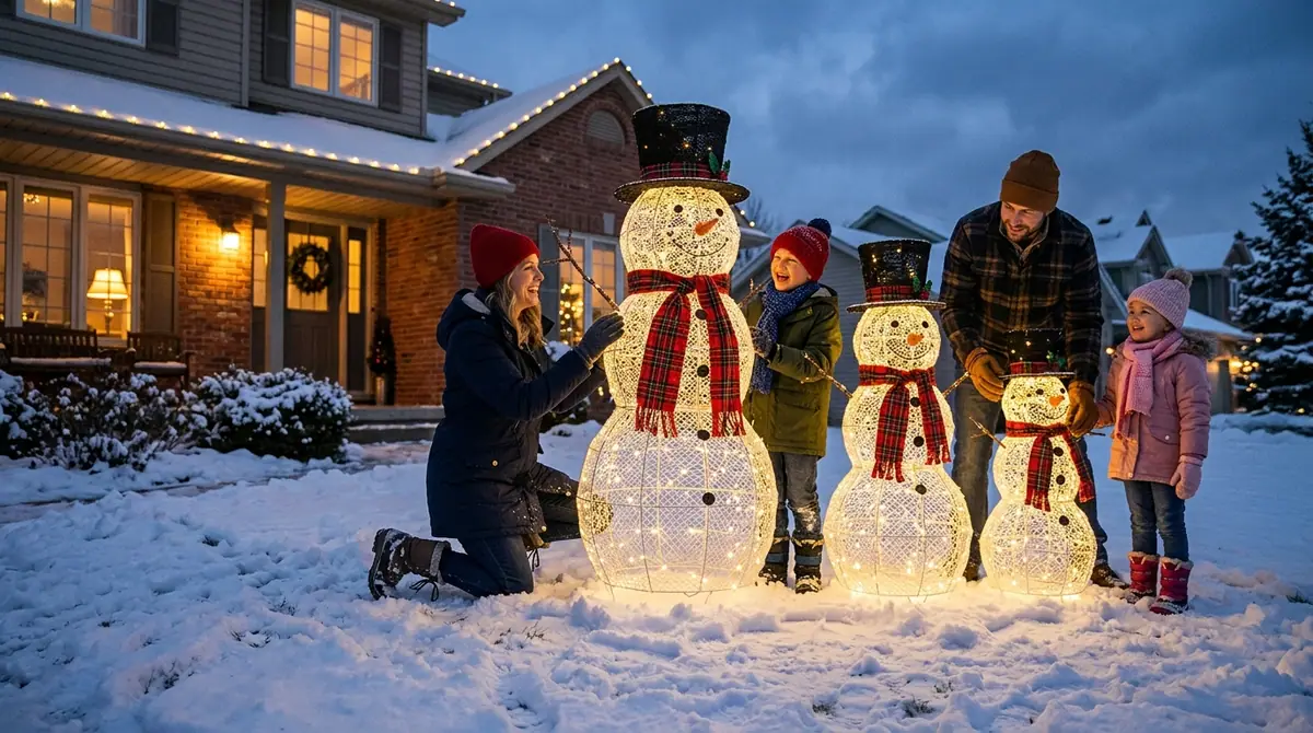 Family setting up snowmen figures