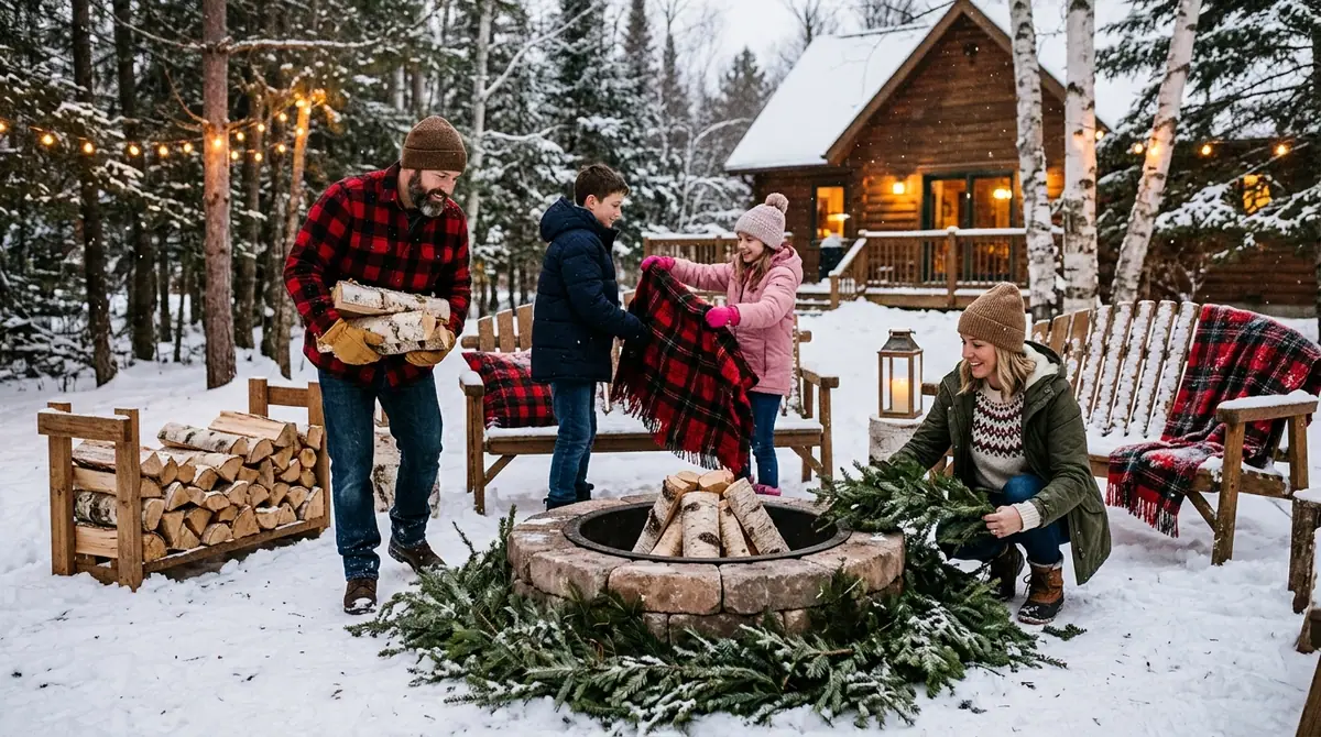Family setting up winter fire