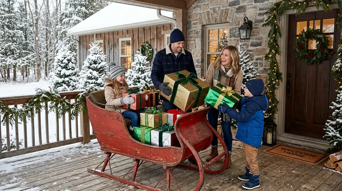 Family setting up wooden sleigh