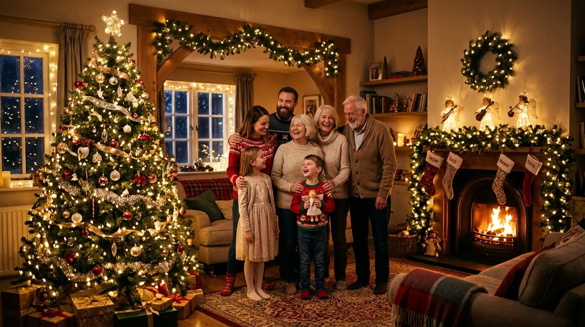 Family standing in decorated liv
