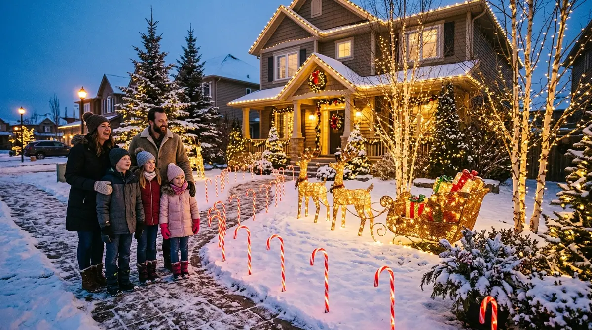 Family standing on sidewalk toge