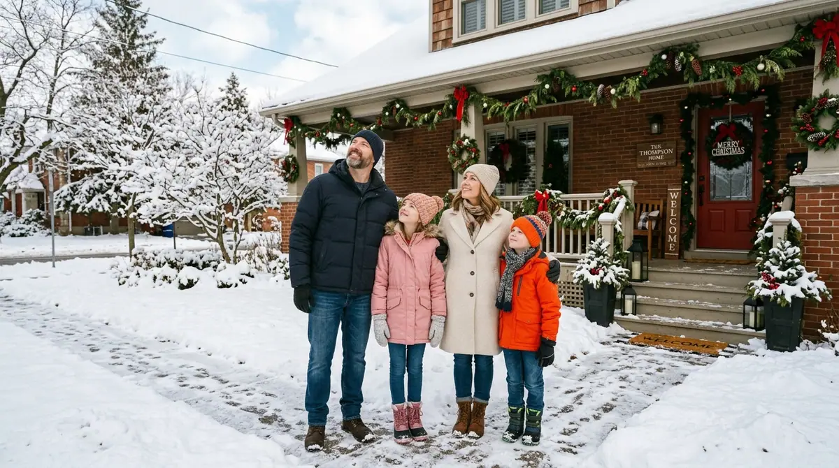 Family standing on snowy sidewalk