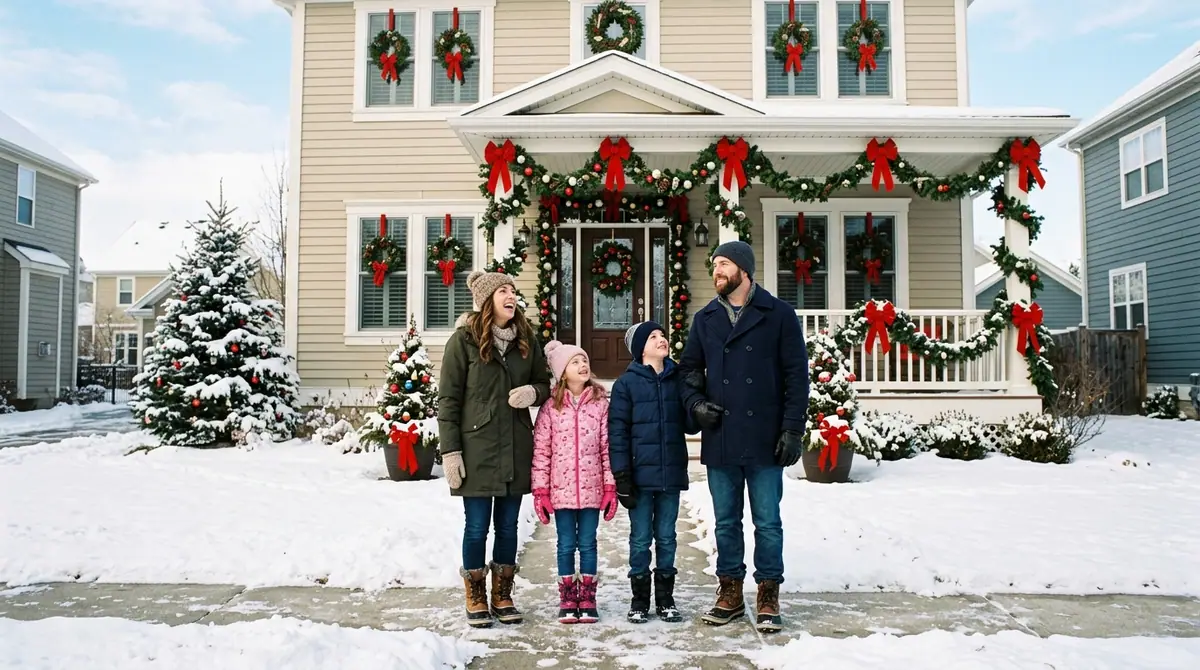 Family standing on snowy sidewalk