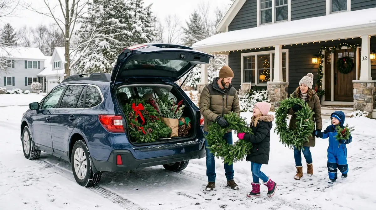 Family unloading greenery from suv