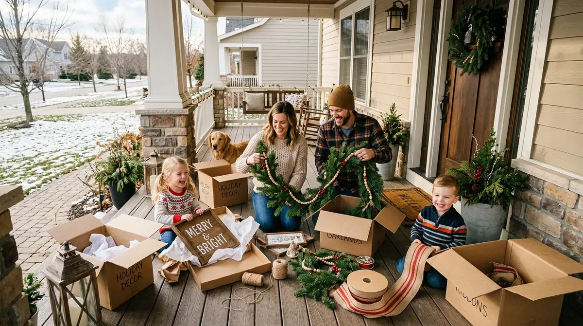 Family unpacking holiday decorat