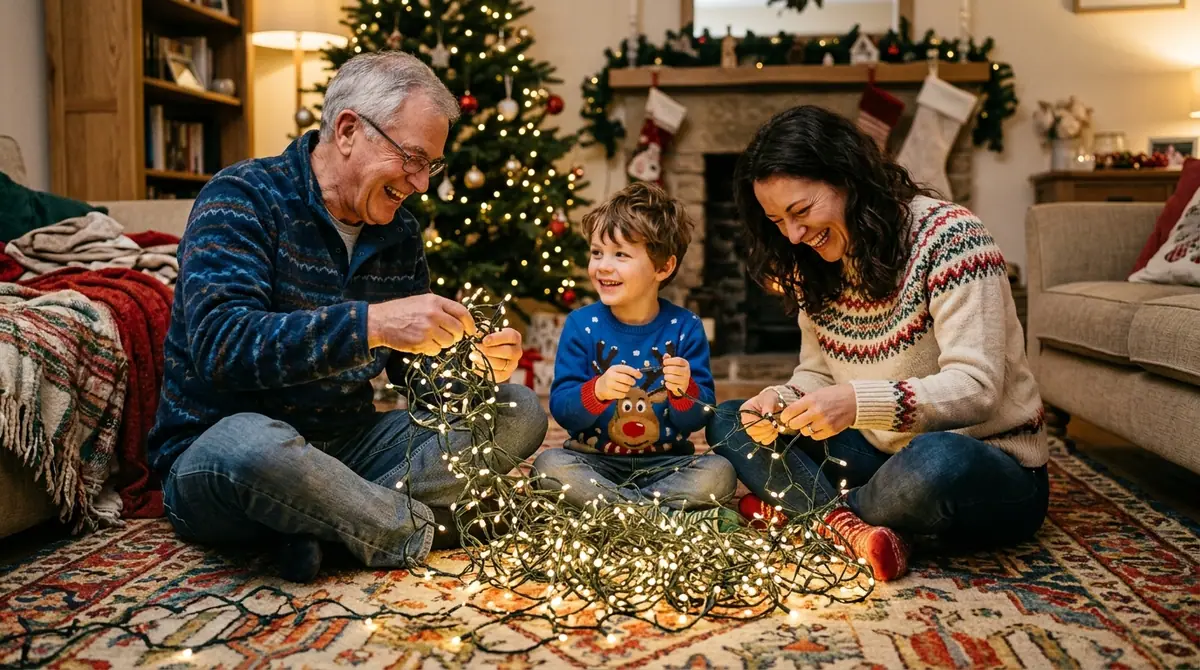 Family untangling christmas lights