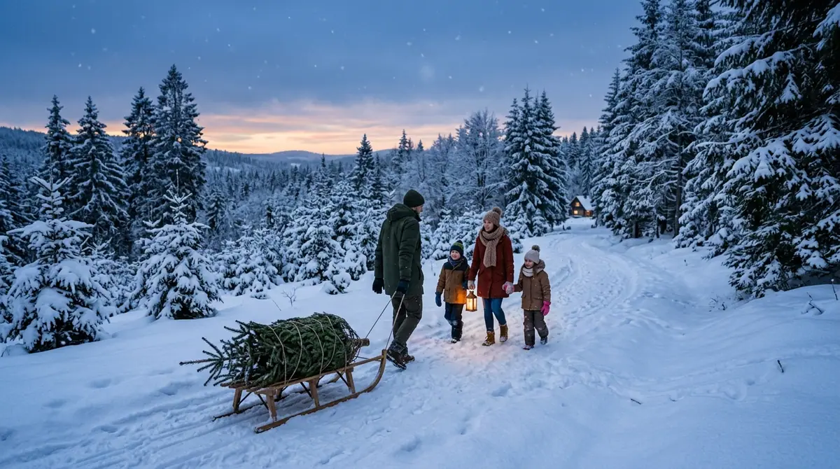 Family walking along snowy path