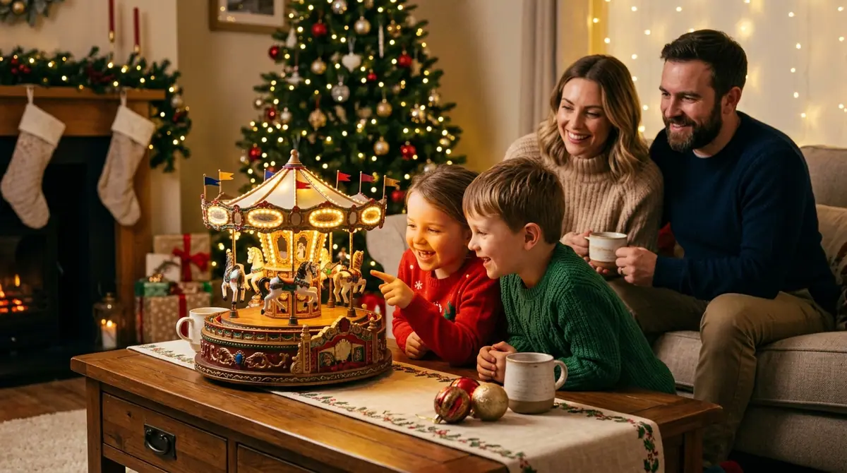 Family watching christmas carousel