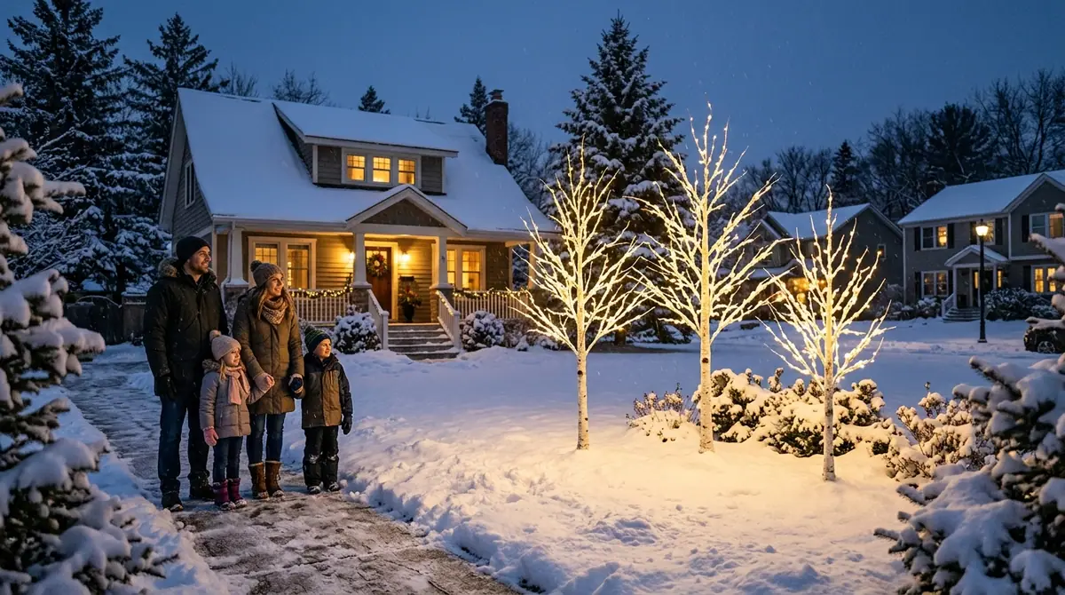 Family watching illuminated tree