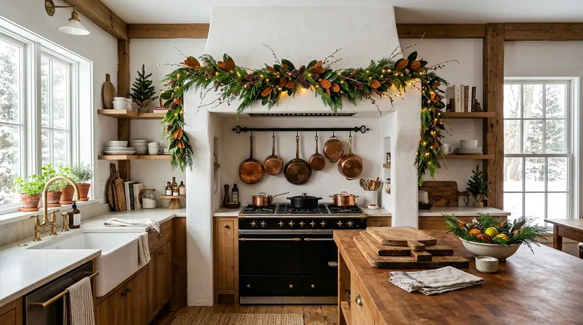 Farmhouse kitchen with holiday d