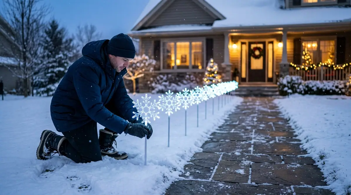 Father adjusting led lawn stakes