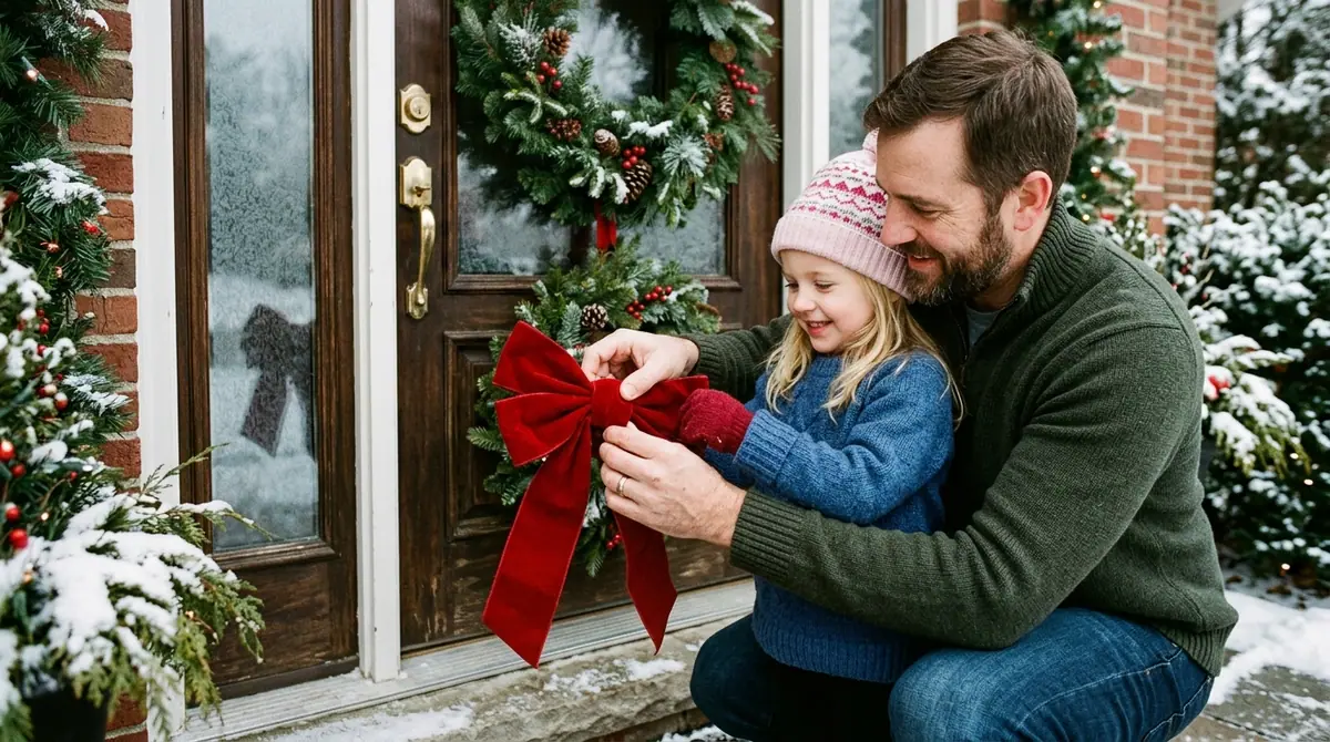 Father and daughter adjusting bow