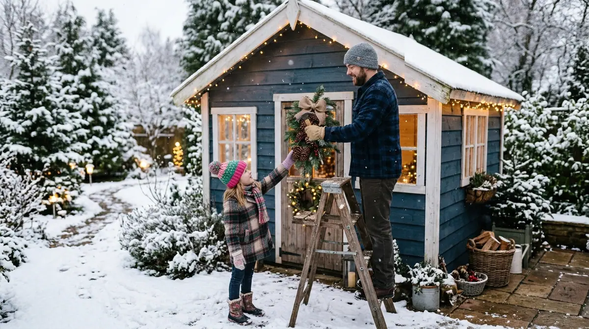 Father and daughter decorating shed
