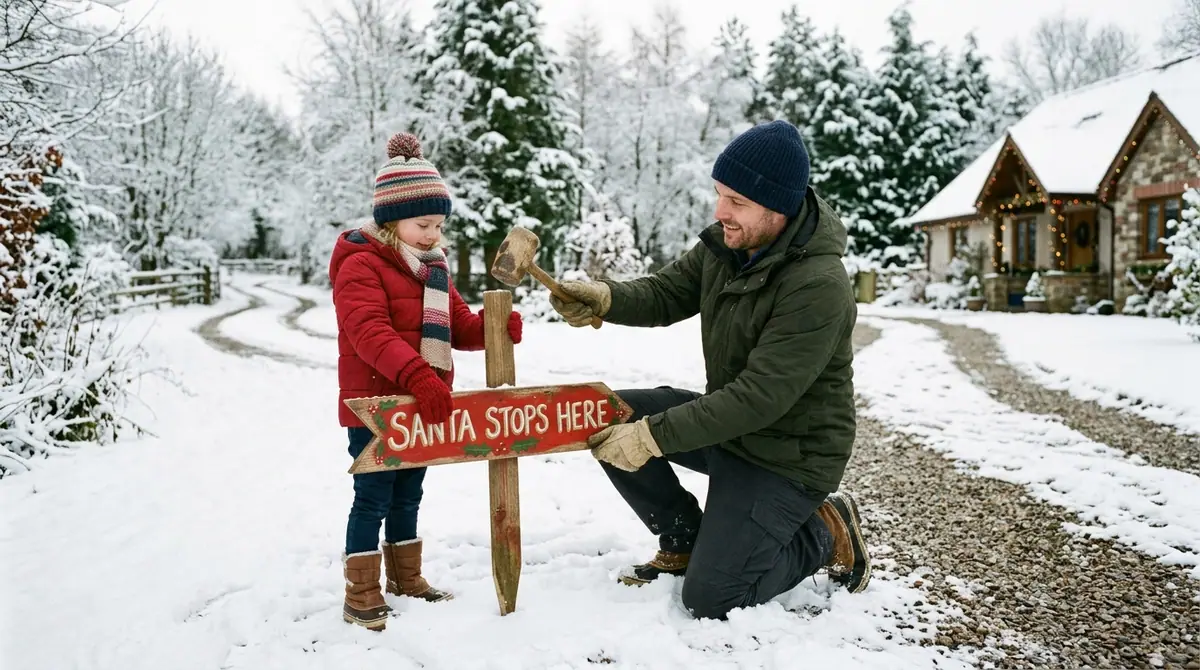 Father and daughter placing sign