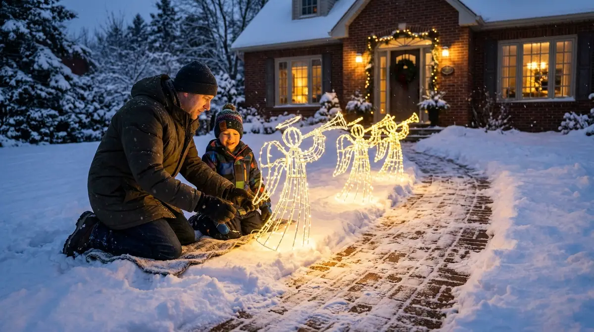 Father and son arranging snow
