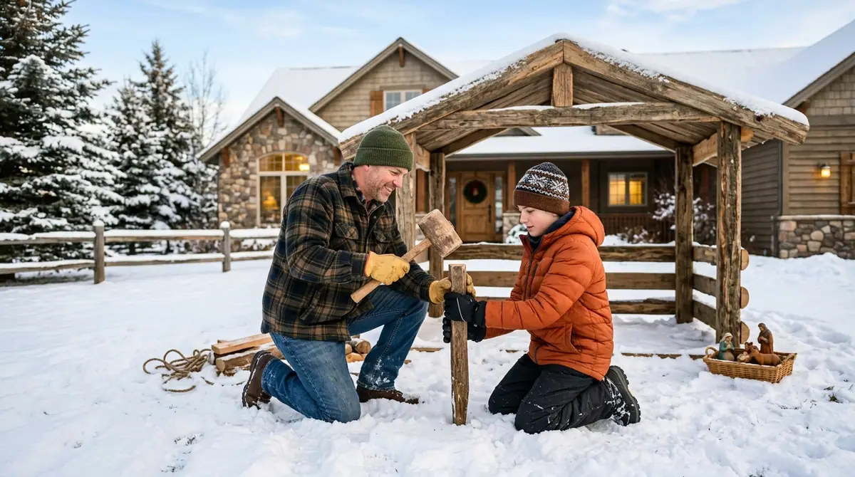 Father and son building shelter