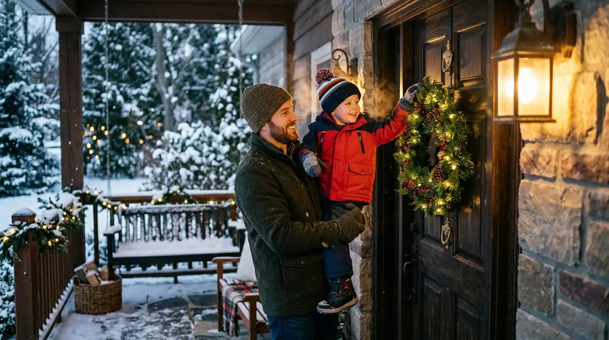 Father and son hanging wreath
