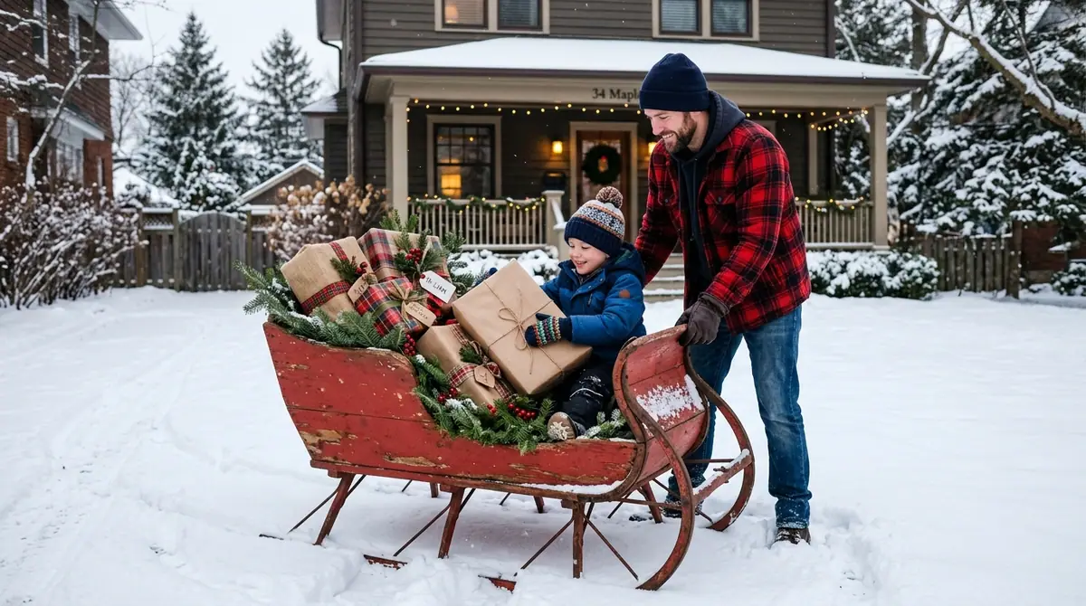Father and son positioning sleigh