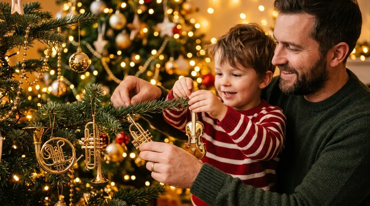Father hanging ornaments on tree