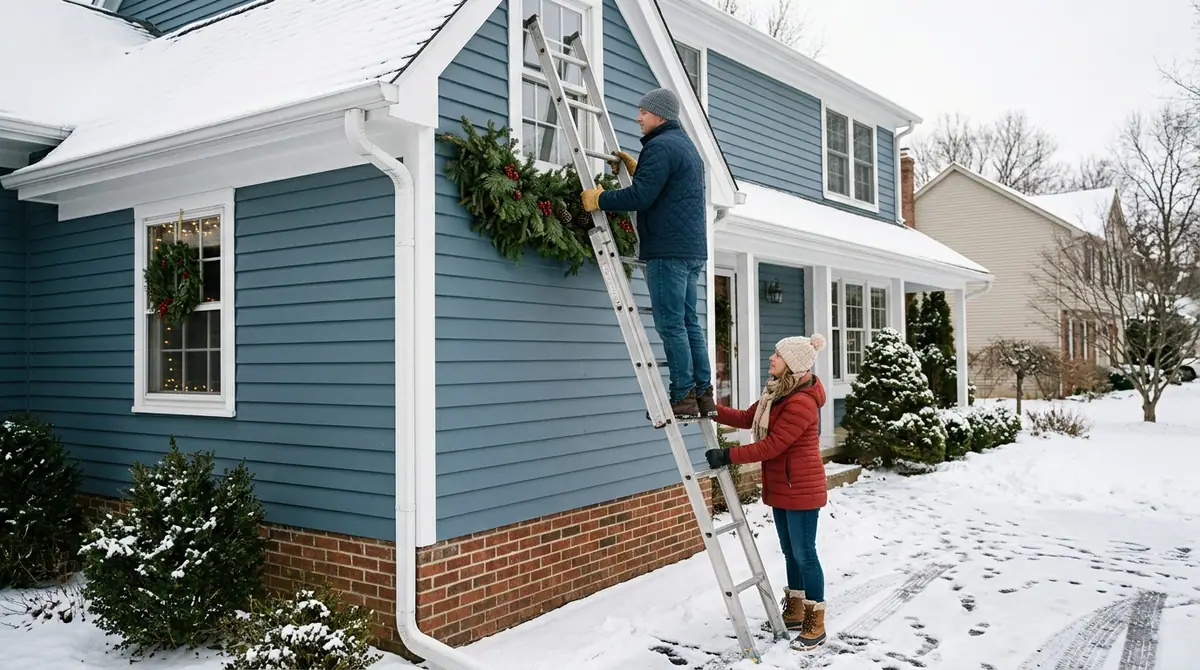 Father hanging pine swag