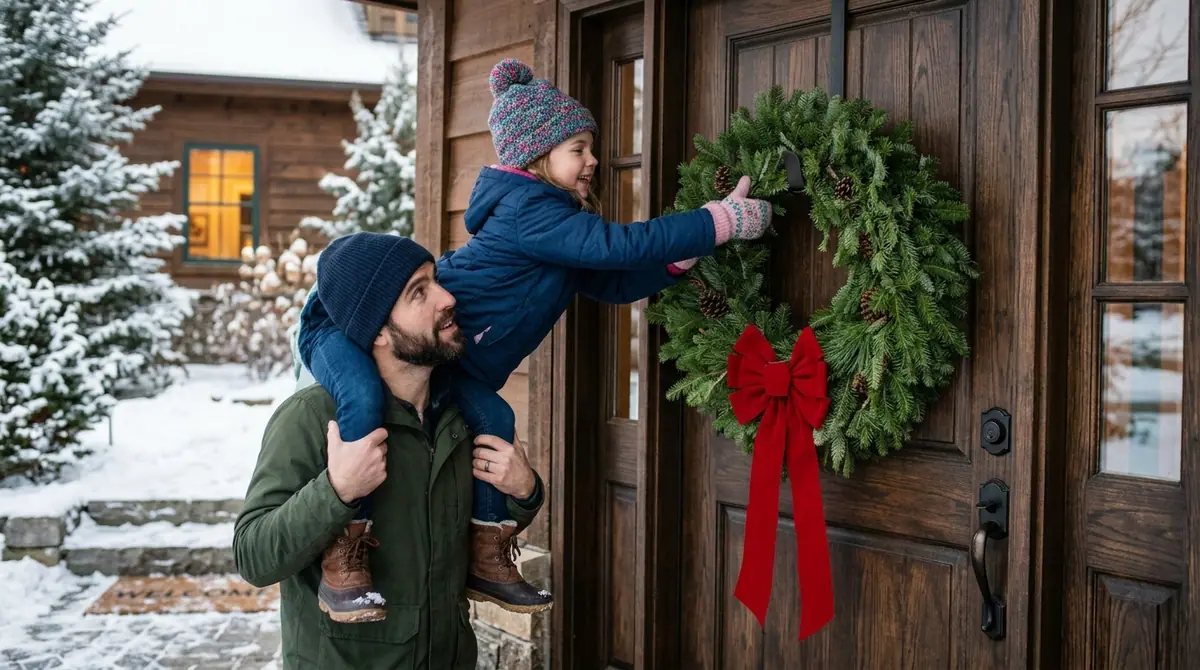 Father hanging pine wreath