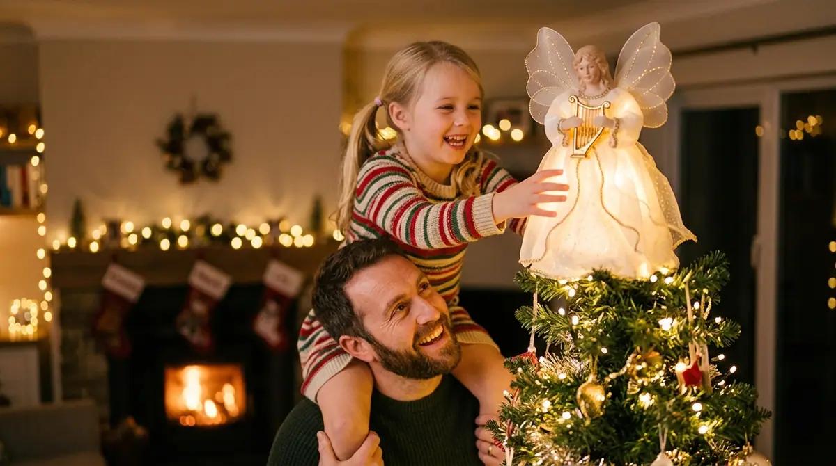 Father placing angel tree topper