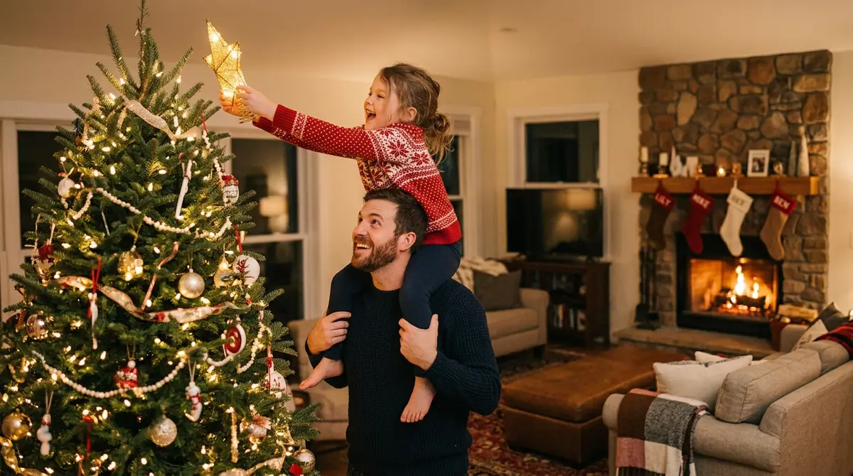 Father placing star on tree