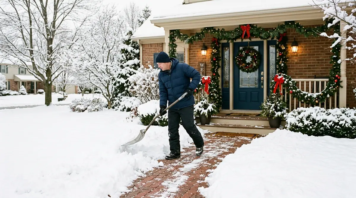Father shoveling snow on walkway