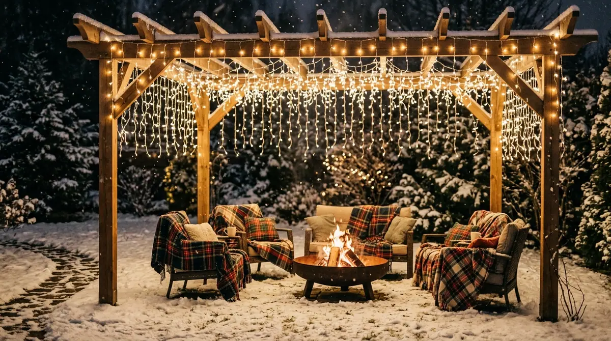 Fire pit under snow pergola