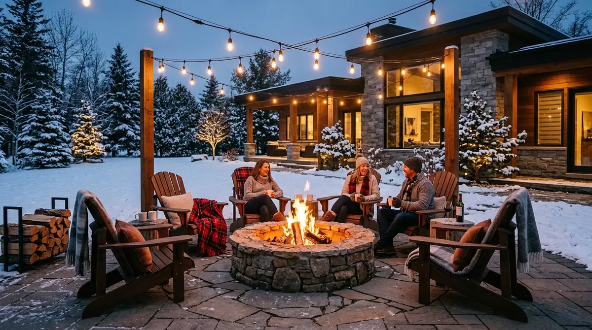 Fire pit with adirondack chairs