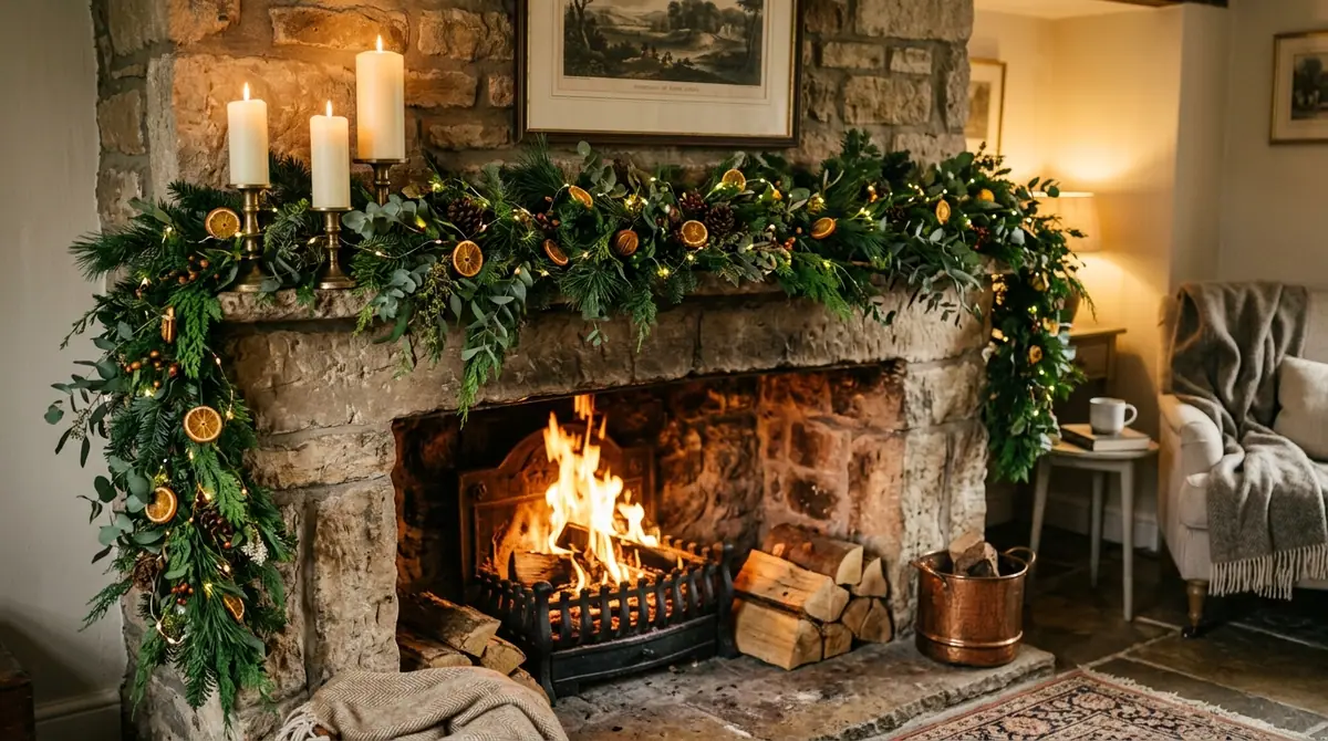 Fireplace decorated with evergre