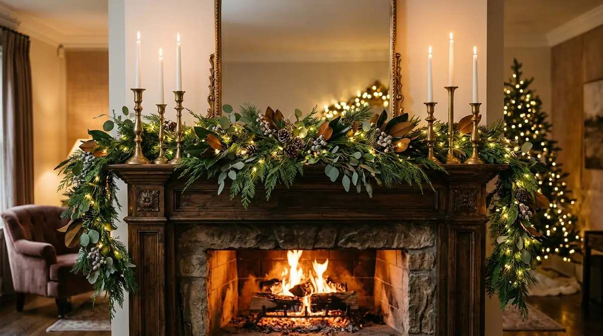 Fireplace mantel decorated with